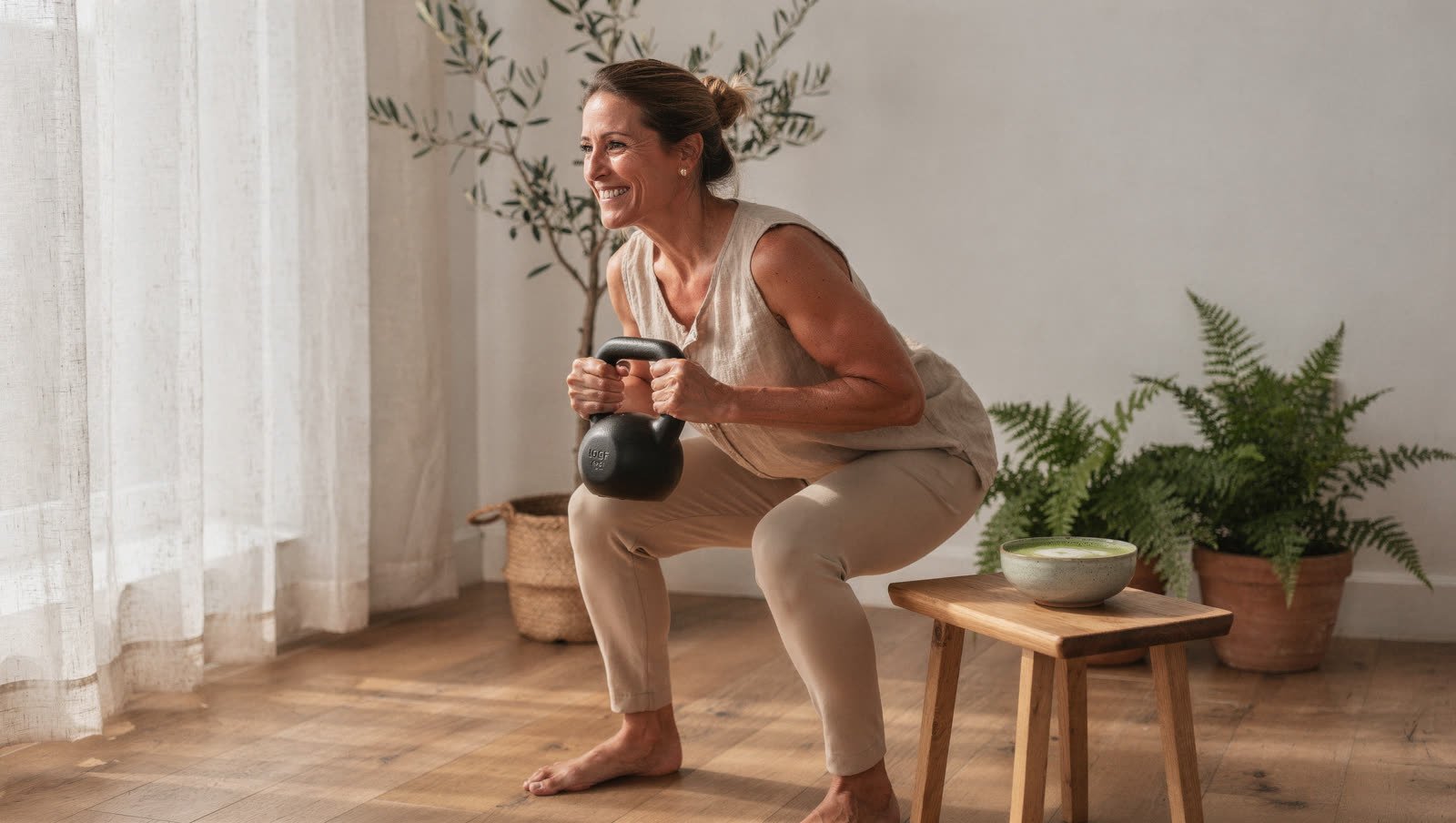 Frau um 45 in der Kniebeuge mit Kettlebell in einem hellen Raum, daneben eine Schale Matcha