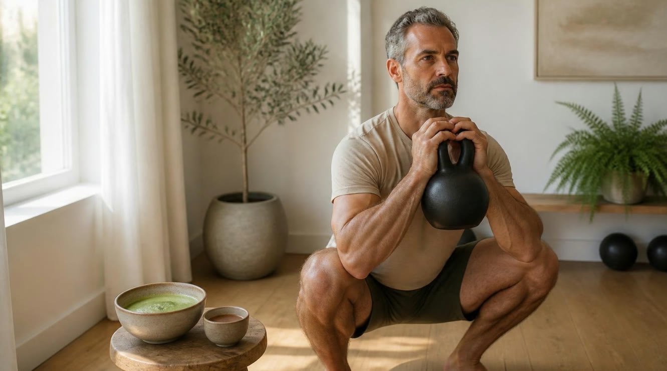 Mann um 45 in der Kniebeuge mit Kettlebell in einem hellen Raum, daneben eine Schale Matcha und eine Tasse Kakao